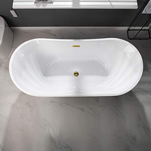 WOODBRIDGE 67" Acrylic Freestanding Bathtub Contemporary Soaking White Tub with Brushed Gold Overflow and Drain，B0010-BG