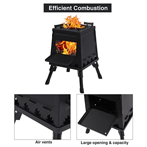 Lineslife Wood Burning Camp Stove, Portable Cast Iron Camping Wood Stove, Black Woodstove with Carrying Case for Backpacking Outdoor Cooking