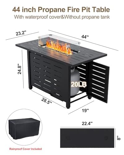 44" Outdoor Propane Fire Pit Table, 48,000 Btu Lp Gas Rectangular Fire Table with Ignition Systems and Lid,Outdoor Firetable with Glass Rocks for Patio Deck Garden Backyard