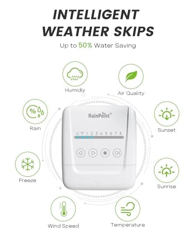 RAINPOINT 8 Zone Smart Sprinkler Controller - Local Weather Intelligence WiFi Sprinkler System Controller, Easy Install APP Control Irrigation System, Sprinkler Timer for Garden Yard