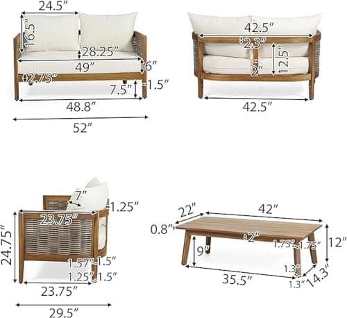 Merax 5-Piece Outdoor Acacia Wood Wicker Conversation Set with 3 Seater Sofa,Loveseat,2 Chairs and Coffetable for Backyard