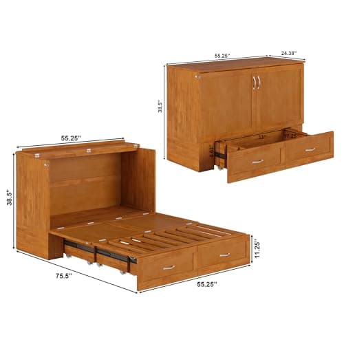AFI Hamilton Full Murphy Bed Chest with Mattress, Storage, and Built-in Charger in Light Toffee