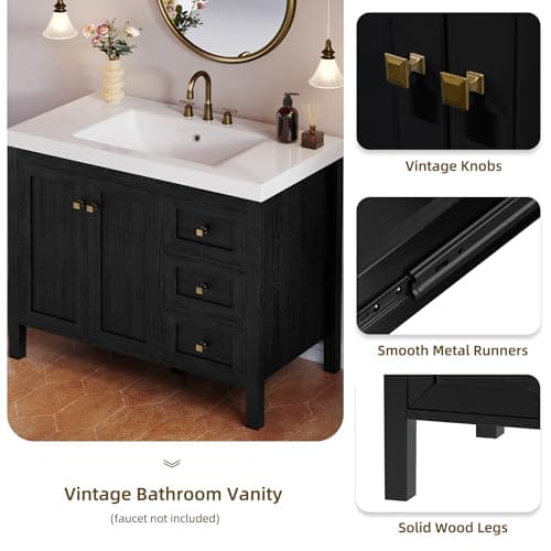 DWVO 42 Inch Bathroom Vanity with Sink Combo, Modern Bathroom Storage Cabinet with Resin Basin, Three Holes, 2 Doors & 3 Drawers, Black