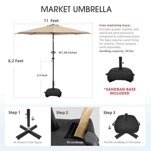 wikiwiki 11FT Patio Umbrellas with Base Included, Outdoor Umbrella with Sandbag Base, 8 Sturdy Ribs, Fade Resistant Waterproof POLYESTER DTY Canopy for Garden, Lawn, Deck, Backyard & Pool，Beige