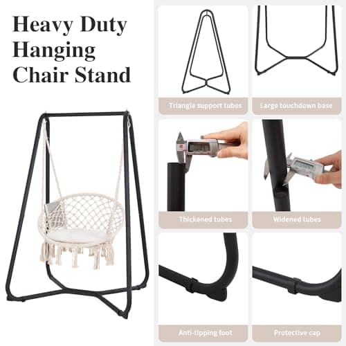 SUNCREAT Patio Swing Chair with Stand and Cushion, Heavy Duty Hanging Chair with Stand for Bedroom, 330 lbs Capacity, Patent Pending, Beige