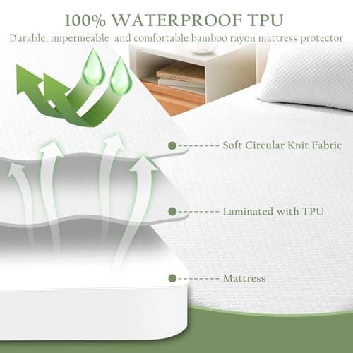 100% Waterproof Queen Mattress Protector, Breathable Bamboo Rayon Mattress Cover with 8”-21” Deep Pocket, Noiseless Cool 3D Air Mattress Cover, Hypoallergenic & Odor Resistant