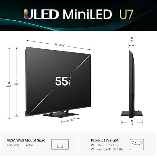 Hisense 55" Class U7 Mini-LED ULED 4K UHD Google Smart TV (55U75QG, 2025 Model) - QLED, Native 165Hz, VRR 288, Up to 3000 Nits, HDR10+, Dolby Vision IQ · Atmos, IMAX Enhanced, 2.1.2 Ch Surround