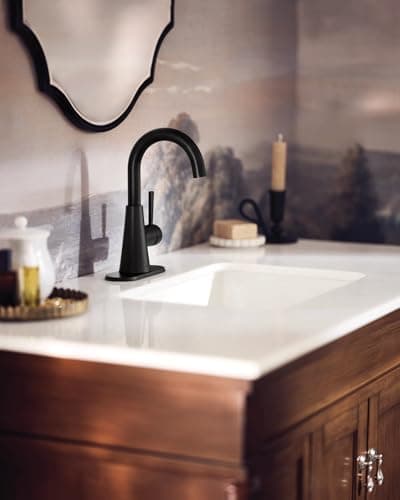 Moen Ronan Matte Black One-Handle Single Hole Modern Bathroom Sink Faucet with Optional Deckplate and Spring Loaded Drain Assembly, 84021BL