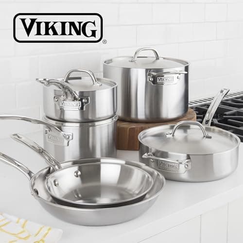 Viking 5-Ply Pots and Pans Set, 10 Piece Stainless Steel Kitchen Cookware, Silver