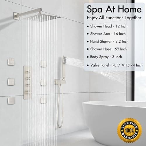 Shower Jets System, 12 Inch Thermostatic Rainfall Shower System with 6 Body Spray Jets (Can All Run Together) Full Body Spray Shower System, Shower Valve Included, Brushed Nicke