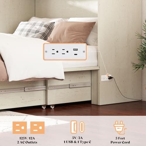 AMERLIFE Queen Murphy Bed with Storage & Charging Station, Farmhouse Murphy Cabinet with Foldable Panel, Noisy Free, for Guest Bedroom, Living Room, Office, Distressed White & Barnwood