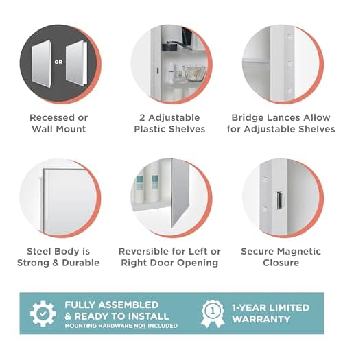 Zenna Home Bathroom Medicine Cabinet with Mirror, Frameless Bathroom Wall Cabinet with 2 Adjustable Shelves, Steel Body, Recessed Installation, 16 x 26 Inches
