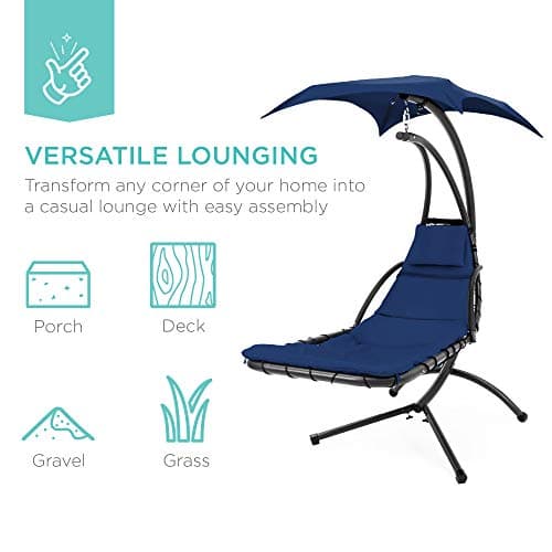Best Choice Products Outdoor Hanging Curved Steel Chaise Lounge Chair Swing w/Built-in Pillow and Removable Canopy - Navy Blue