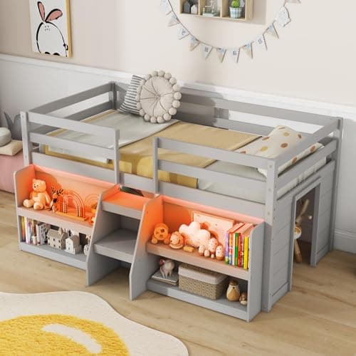 Giantex Low Loft Bed with LED Lights, Wooden Loft Bed Twin Size with Stairs & Safety Guardrail, Loft Bed for Kids with Storage Bookcase and Under-Bed Play Space, Grey