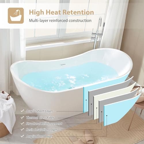 Vanity Art 71" Freestanding Bathtub | Free Standing Tub Stand Alone Tub with Contemporary Design for Soaking and Bathing, Overflow and Pop-up Drain with UPC Certified, Acrylic, VA6517-PW