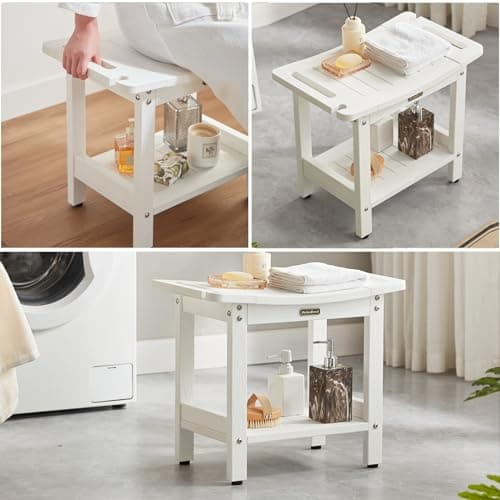 Waterproof Shower Bench, White Poly Shower Stool for Shaving Legs, Shower Chair Seat with Handles & Shower Head Holder, Plastic Bathroom Bench with Adjustable Feet for Inside Shower, Non-Slip