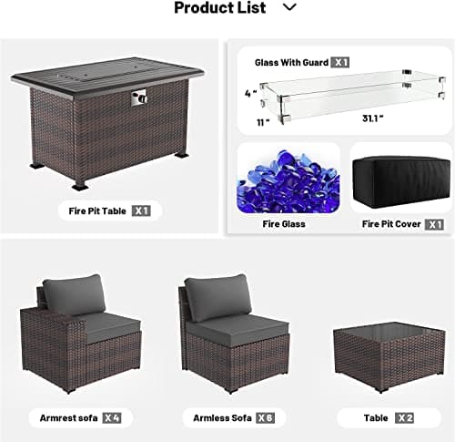 Kullavik 13 Pieces Outdoor Patio Furniture Set with 43" 55000BTU Gas Propane Fire Pit Table PE Wicker Rattan Sectional Sofa Patio Conversation Sets,Grey