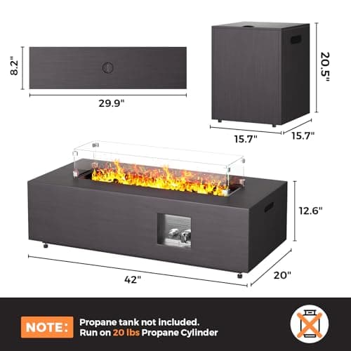 42” Rectangular Fire Pit Tables 2-Piece 50,000 BTU Outdoor Propane Gas Fire Pit with Wind Guard, Waterproof Cover, Lava Rocks for Outside Patio Backyard
