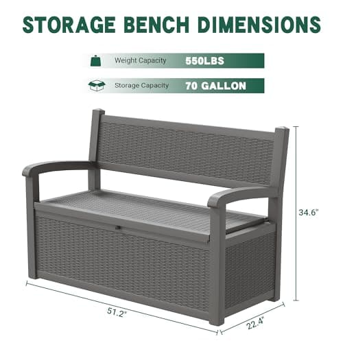 70 Gallon Outdoor Storage Bench Deck Box Lockable for Patio Furniture, Outdoor Porch Bench with Storage Waterproof for Cushions, Garden Tools and Pool Supplies, Grey