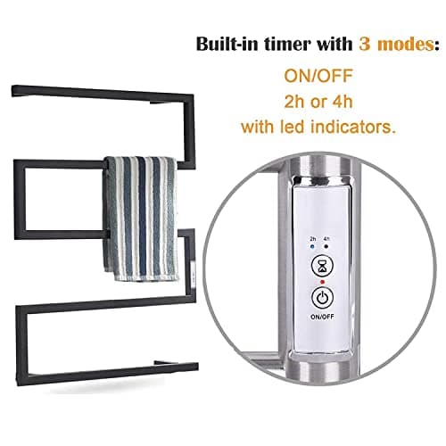 Modern Style Towel Warmer,Electric Heated Towel Rack with 2/4H Timer, 304 Stainless Steel Heated Towel Rail Wall Mounted Waterproof Bath Towel Heater, 88W,Hardwired,Black…