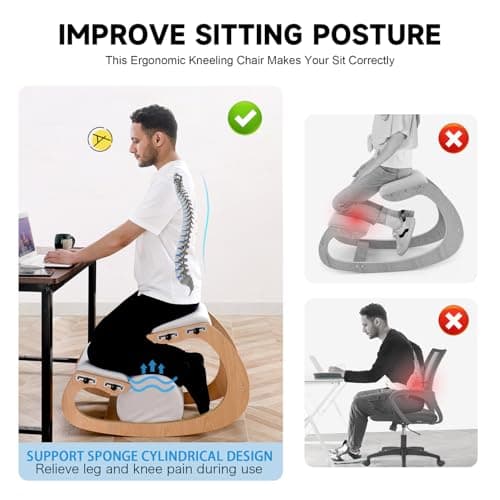 Adjustable Kneeling Chair, Wooden Ergonomic Chair Knee Chair Posture Chair - Improve Your Posture with an Angled Seat for Home,Office (Wood Color+ Pads)