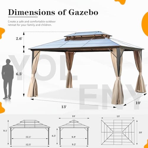 YOLENY 10'x13' Hardtop Gazebo, Outdoor Polycarbonate Double Roof Canopy, Aluminum Frame Permanent Pavilion with Curtains and Netting, Sunshade for Garden, Lawns, Patio