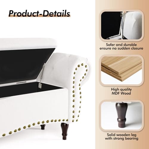 Storage Ottoman Bench, 53" Length Upholstered Bench & Ottoman with Safety Hinge, Tufted Bed Bench with Rolled Arm and Nailhead Trim, End of Bed Storage Bench for Bedroom, Living Room, Entryway
