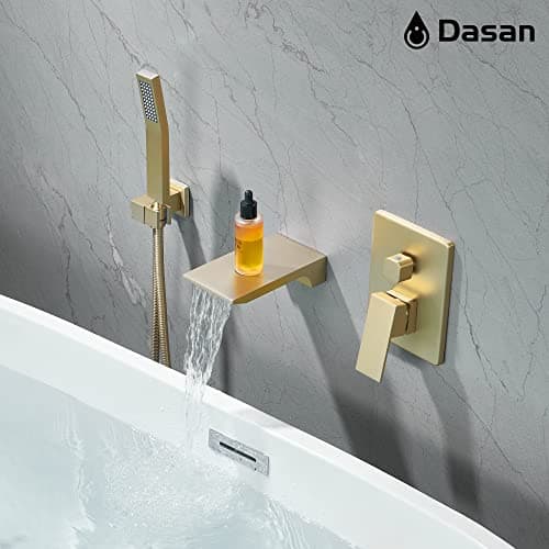 DASAN Waterfall Tub Filler Faucet Wall Mount with Hand Shower, Modern Wall Mounted Bathtub Faucet Brushed Gold Tub Faucet with High Flow Rough in Valve, SA-TF01WH-BG