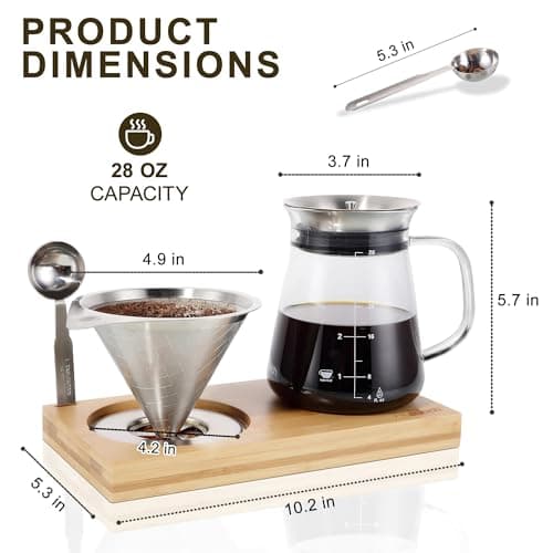 Aquach Pour Over Coffee Maker Set with Extra Large Coffee Dripper, 28 oz Glass Carafe, Stainlesss Steel Coffee Scoop and Bamboo Storage Tray, Unique Set for Home or Office