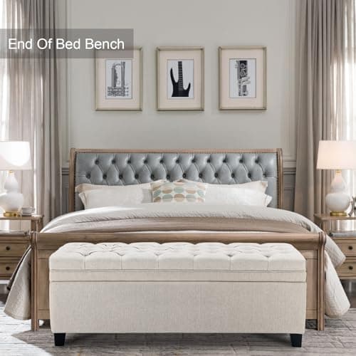 50 Inch Fabric Storage Ottoman, End of Bed Bench with Large Storage, Modern Upholstered Tufted Bench with Wood Legs, Beige