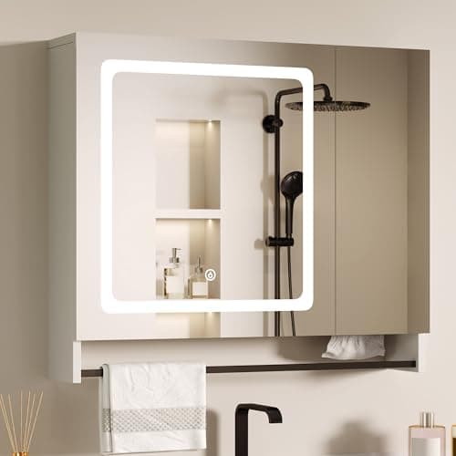 ChooChoo Lighted Bathroom Medicine Cabinet with Mirror, Wall-Mounted Bathroom Wall Cabinet with Mirror Doors, LED Lights, Adjustable Shelves, Towel Bar, White