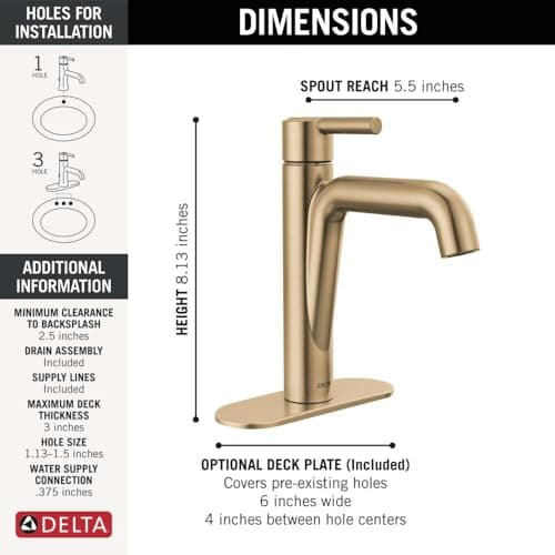Delta Nicoli Brushed Gold Bathroom Faucet 1 Hole, Single Hole Bathroom Sink Faucet for Vanity, Push-Pop Drain Assembly, Champagne Bronze 15849LF-CZ