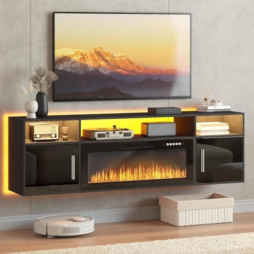 PUKAMI 70" Floating TV Stand with 36" Electric Fireplace,Wall Mounted Fireplace Entertainment Center with LED Lights and Highlight Storage Cabinet for TVs up to 80", for Living Room (Black)