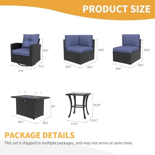 LayinSun 13 Pieces Patio Furniture Set with Fire Pit Table, Black Rattan Modular Sectional Outdoor Conversation Sofa Set, Swivel Rocking Chairs Set