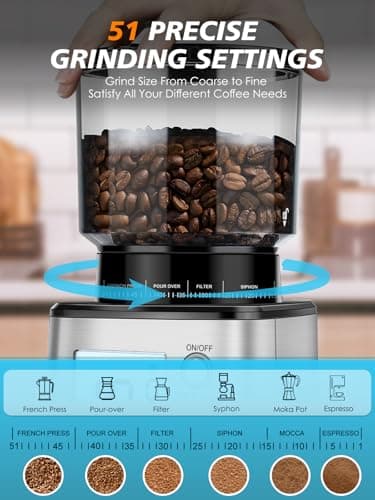 Homtone Conical Burr Coffee Grinder, Anti-Static Electric Espresso Grinder with 51 Precise Settings, Adjustable for 2-12 Cups, 120V Clog-Free, Digital Display Stainless Steel