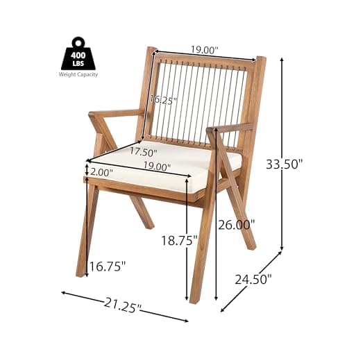 Christopher Knight Home Becker Outdoor Dining Chairs Set of 2 with Cushion, Acacia Wood Dining Room Armchair Set, Garden Chair Set with Handwoven Accent, Patio Dinners Comfy Extra Seat, Cream + Teak