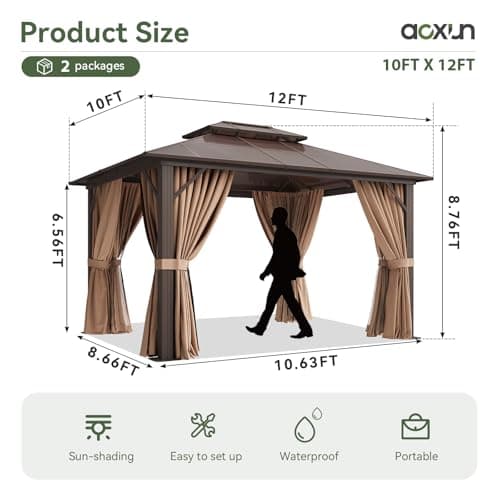 Aoxun 12'x10' Hardtop Gazebo, Aluminum Frame Permanent Pavilion with Curtains and Netting, Outdoor Polycarbonate Double Roof Canopy, Designed for Garden, Lawns, Patio, Brown