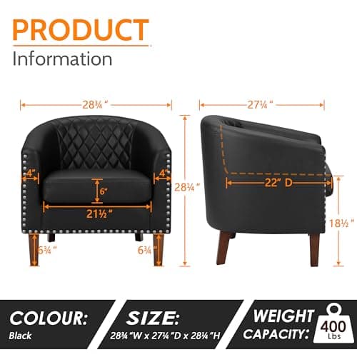 PrimeZone Barrel Chair Set of 2, Comfy Accent Chair, Faux Leather Living Room Chairs Club Chair with Cushion, Nailhead Trim and Diamond Grid Backrest, Reading Chair for Bedroom Waiting Room, Black