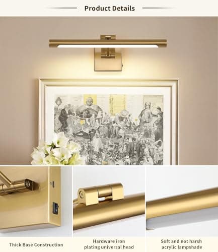 Joosenhouse Battery Operated Picture Lights for Wall Rechargeable Art Lighting for Paintings Wireless Gallery Light with Remote Control 16.54” Dimmable and Timed Off Wall Sconce Brass Color