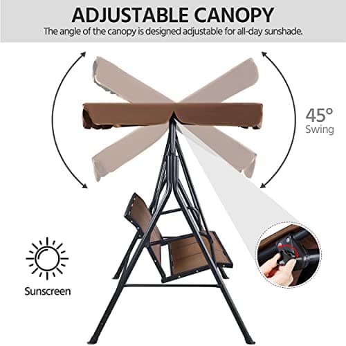Yaheetech Outdoor Porch Swing Chair for Adults, 3-Seat Patio Hanging Swing w/Adjustable Canopy, Armrests, Porch Swing Sets w/Stand, Breathable Fabric for Backyard/Garden/Balcony, Dark Brown