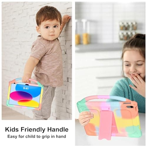 Adocham Kids Case for New iPad (A16) 11th Generation 11 Inch 2025/10th Generation 10.9 Inch 2022 Built-in Stand Handle,Lightweight Shockproof Silicone Kids Cover for iPad 10th/11th Gen (Rainbow)