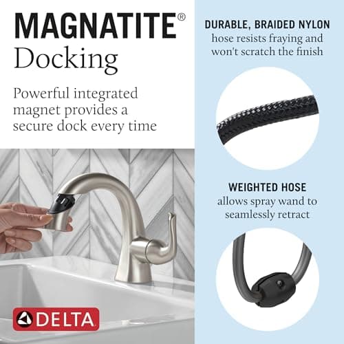 Delta Arvo 1 Hole Pull Down Bathroom Faucet with Sprayer, Brushed Nickel Single Hole Bathroom Sink Faucet with Pull Out Sprayer for Vanity, Push-Pop Drain, SpotShield Stainless 15840LF-SPPD