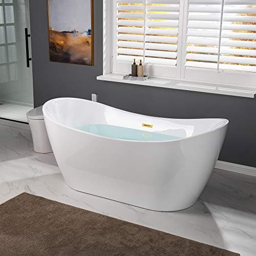 WOODBRIDGE 67" Acrylic Freestanding Bathtub Contemporary Soaking White Tub with Brushed Gold Overflow and Drain，B0010-BG