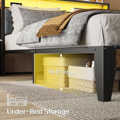 OLEVS Full Bed Frame with Headboard, Metal Platform Bed Full Size with 2-Tier Storage, LED Light & Charging Station Type C, No Box Spring Needed