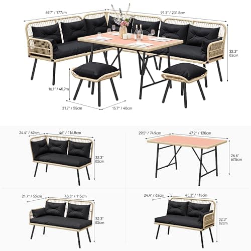 YITAHOME Patio Wicker L-Shaped Furniture Set, All-Weather Rattan Outdoor Conversation Sofa Set for Backyard Deck with Soft Cushions,Ottomans and Plastic Wood Dining Table (Light Brown+Black)