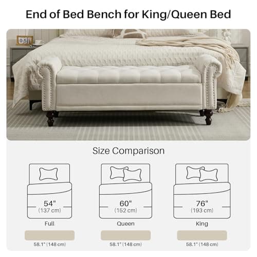 58.1'' Storage Bench Upholstered Linen End of Bedroom Bed Bench Ottoman with Tufted Cushioned Rolled Arm Large Storage Space for Reading Living Room Entryway, Beige