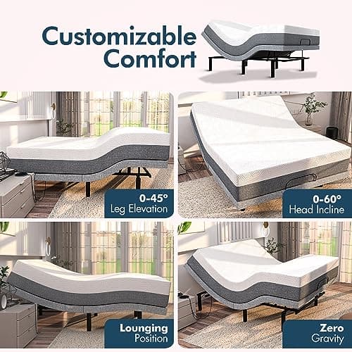 SFE Adjustable Bed with Mattress & Massage, Twin XL Adjustable Bed Frame + Medium Mattress - Cooling Gel Memory Foam Mattres, USB, UnderBed Light, Wireless Remote