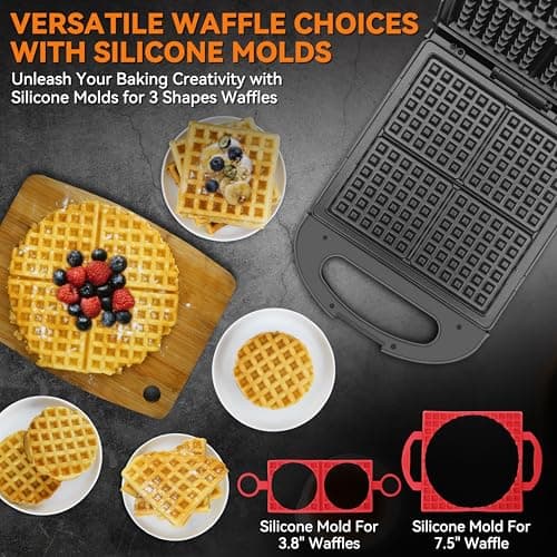 Multi Shapes Waffle Iron Combo - Mini, American Classic, Belgian & Chaffle Maker, 2 Silicone Molds, Graphite