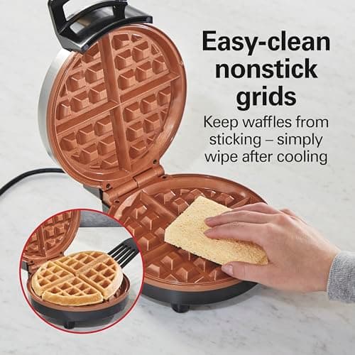 Hamilton Beach Belgian Waffle Maker with PFAS-Free Non-Stick Ceramic-Coated Plates, Browning Control, Indicator Lights, Stainless Steel (26081)