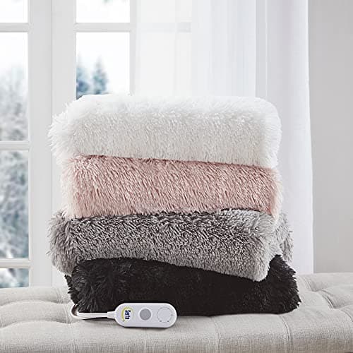 Serta Mila Shaggy Heated Throw Blanket - Soft Faux Fur Heated Blanket, Fast Heating, Auto Shut Off Timer, Low EMF, 5 Heat Setting, ETL Certified, Machine Washable Electric Blanket, Ash Grey 50"x60"